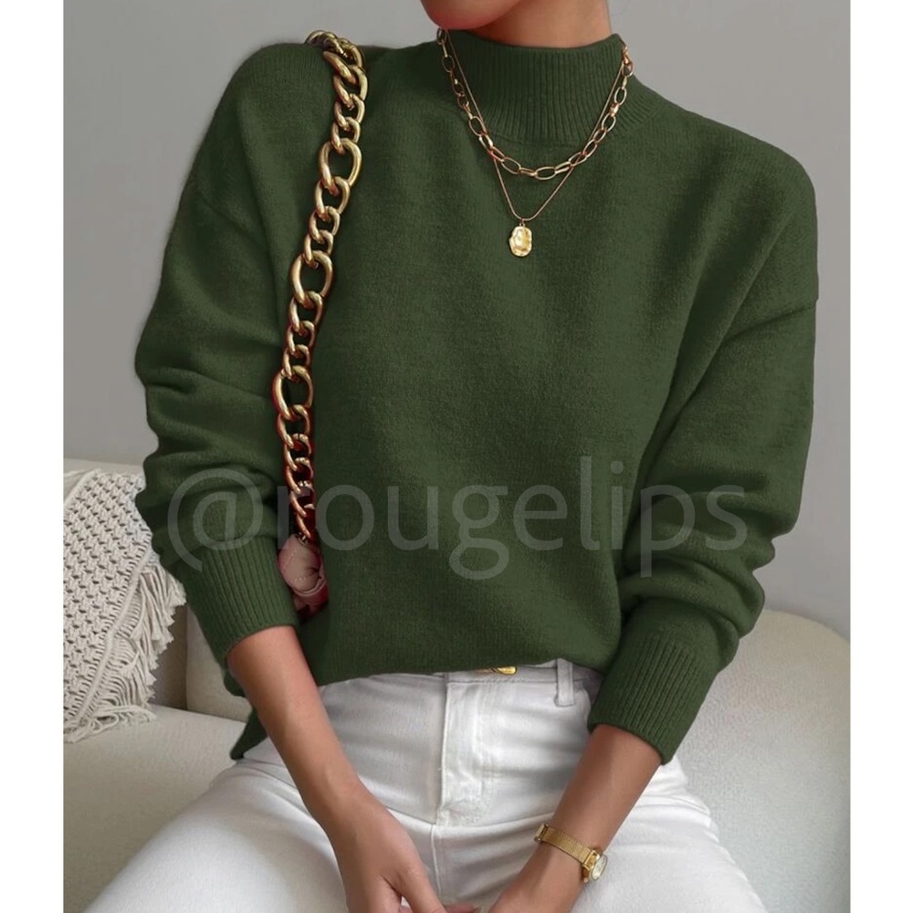 Green Turtleneck Knit Pullover Sweater Long Sleeve
